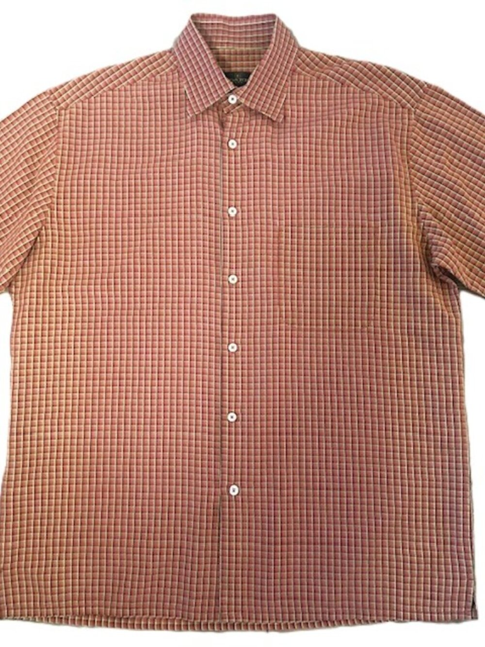 Bugatchi Uomo Mens Shirt Large Red Orange Micro Check Short Sleeves Button Down